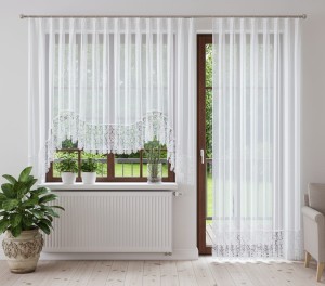 M60 Komplet firanek na okno i drzwi balkonowe z taśmą 3 zakładki 1:2,  300 x 160 cm i 200 x 250 cm 
