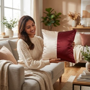 Poszewka ozdobna 40x40 cm z szantungu - bordo z ecru